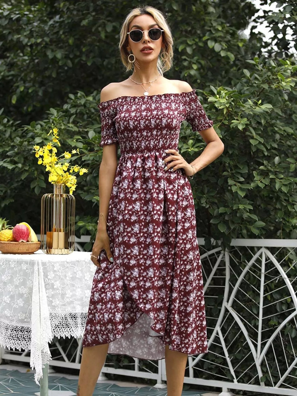 Off Shoulder Floral Slit Dress