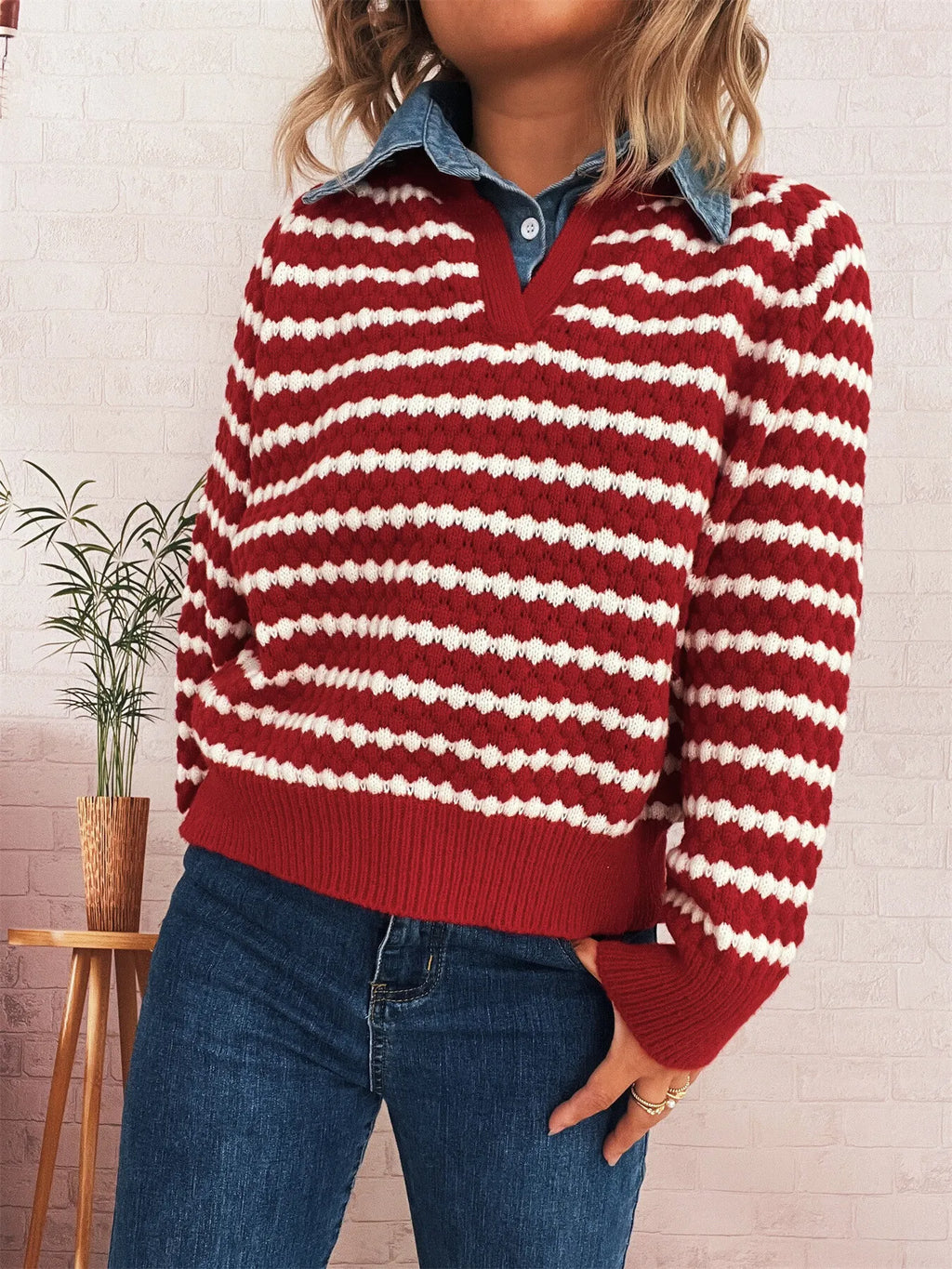 Contrast Striped Sweater with Denim Collar