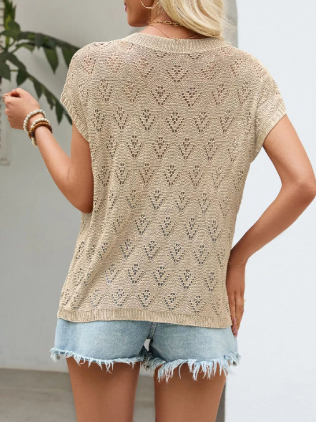 Openwork Short Sleeve Knit Top