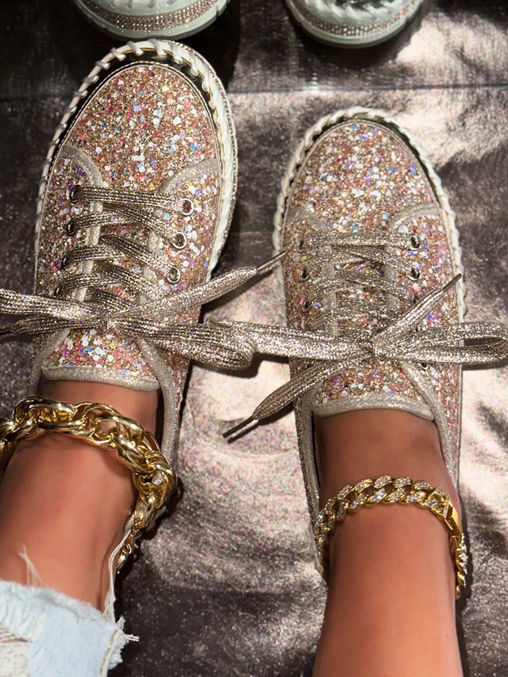 Metallic PU Leather Lace Up Platform Sneakers
