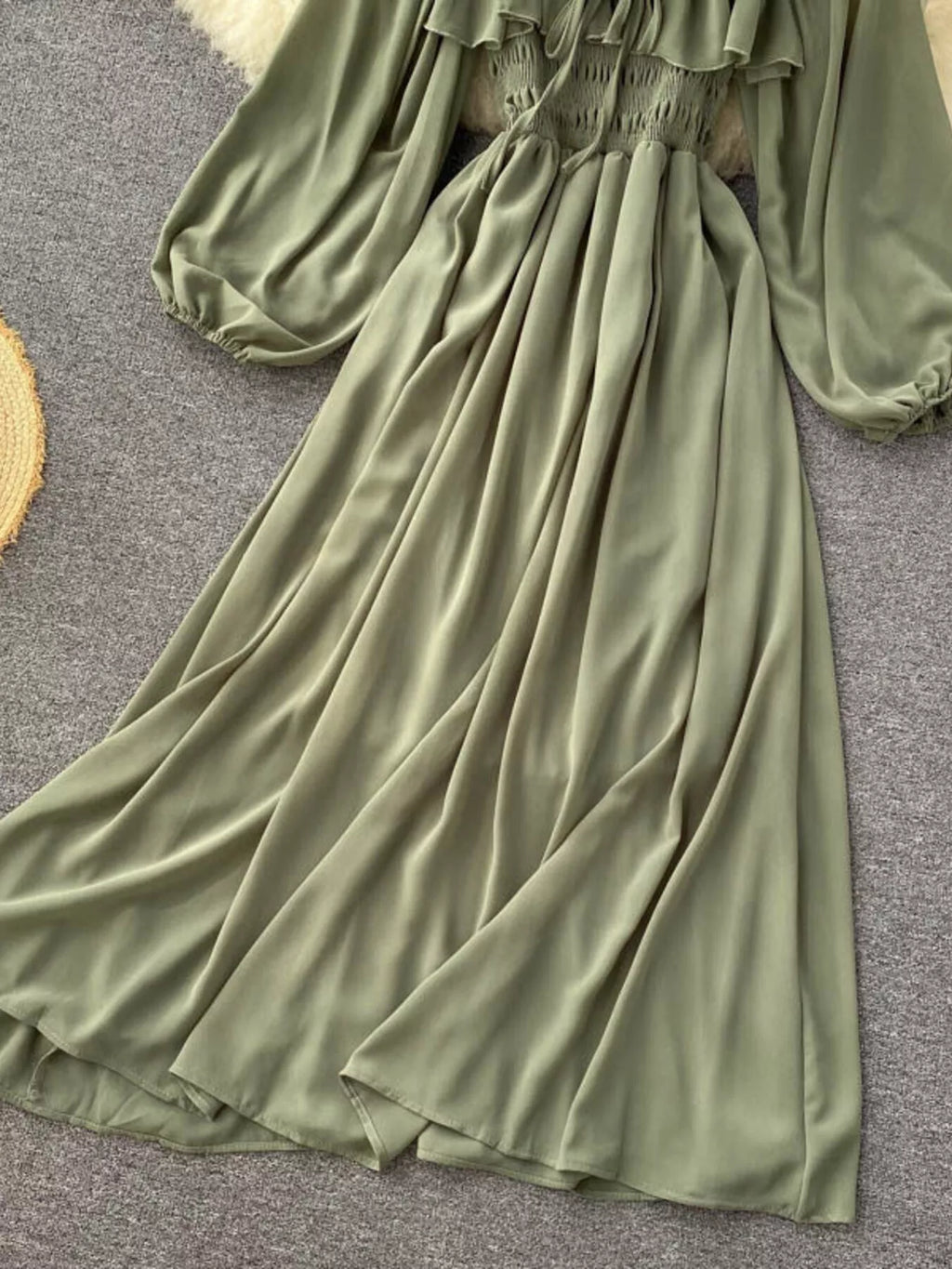 Ruffle Square Neck Balloon Sleeve A-Line Dress