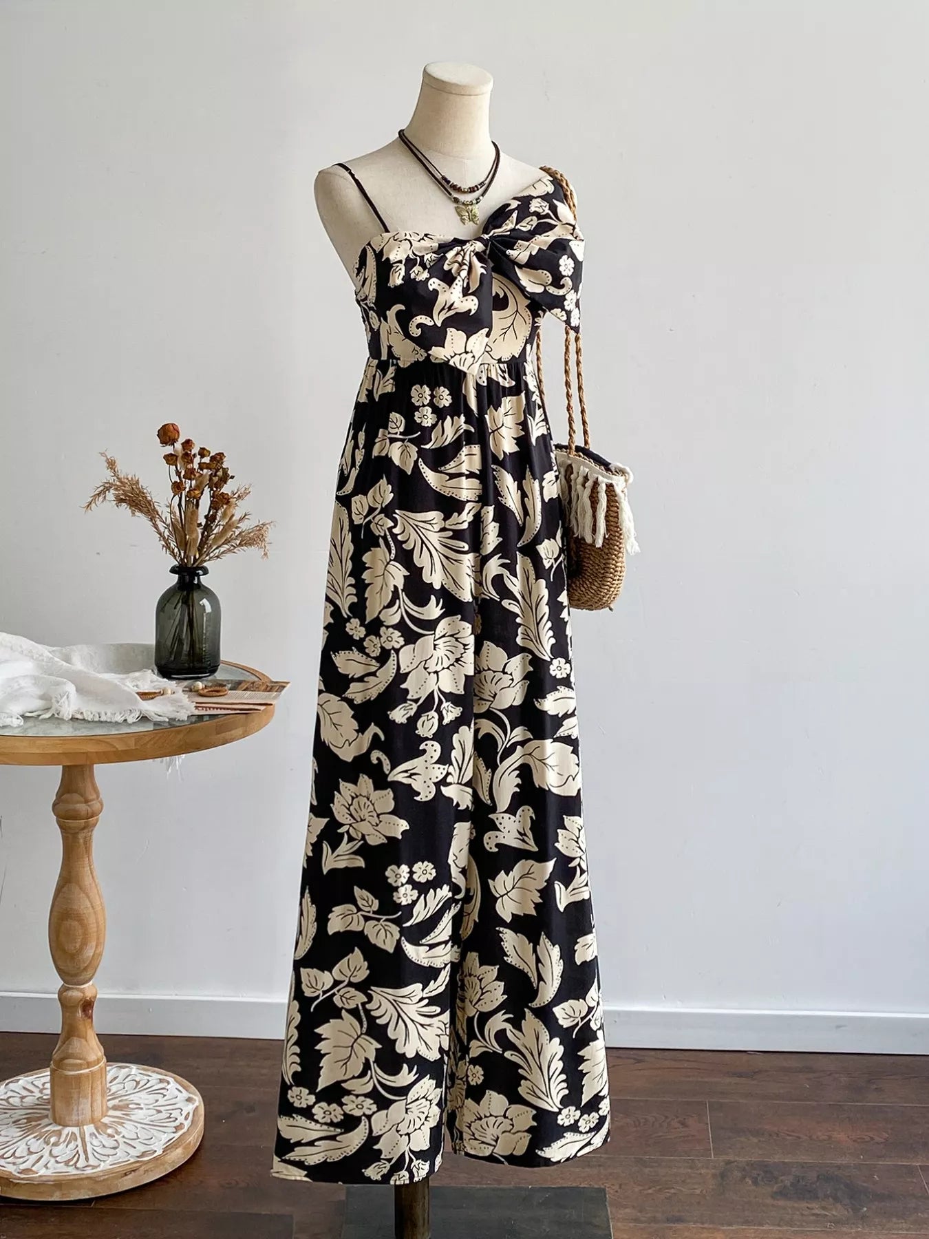 Floral Print Bowknot Wide Leg Jumpsuit