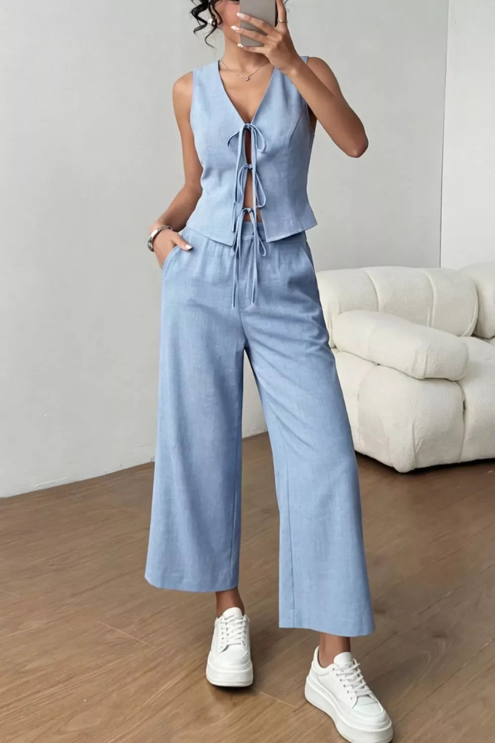 Tie Front Vest and Wide Leg Pants Set