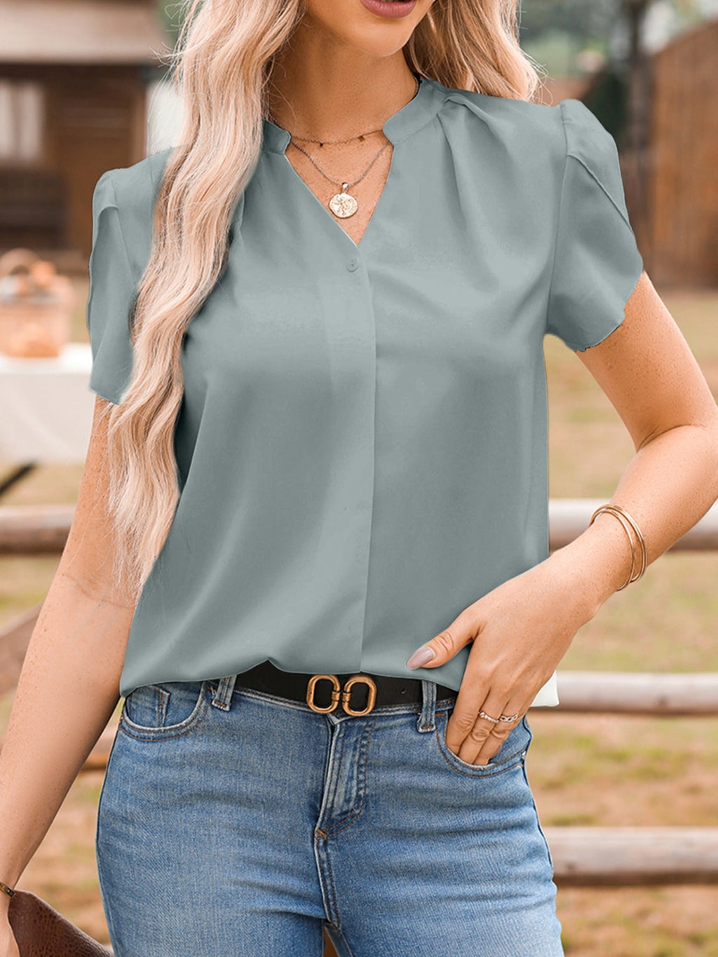 Notched Neckline Petal Sleeve Blouse