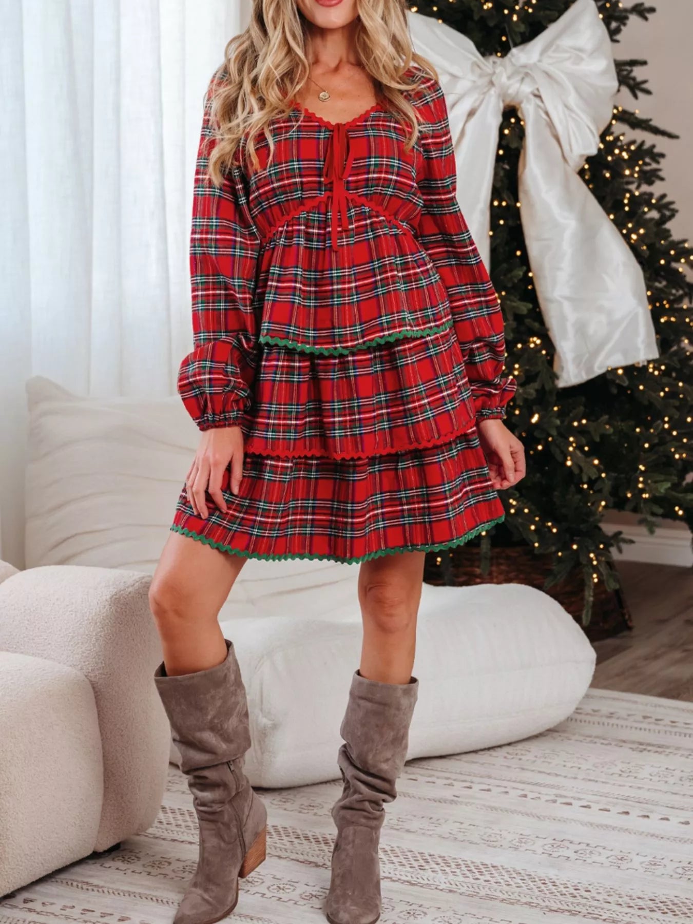 Plaid Print Ricrac Tiered Bubble Sleeve Mini Dress
