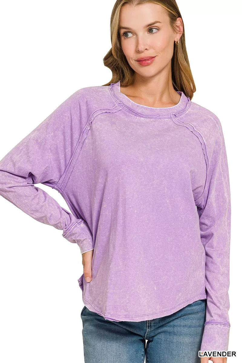 Zenana Washed Round Neck Long Sleeve Top