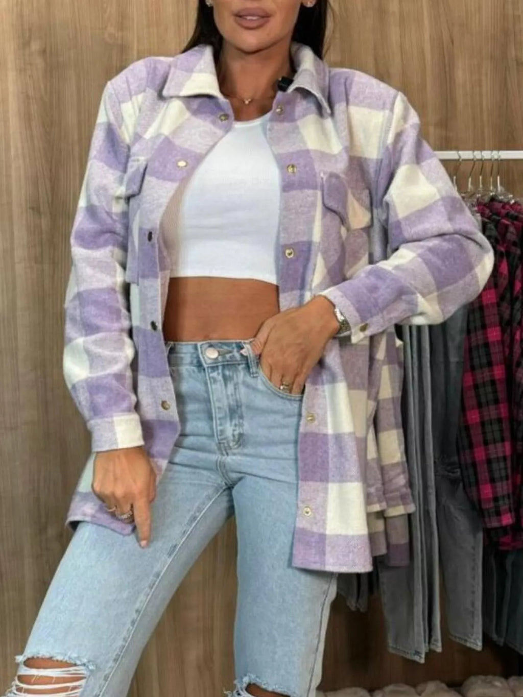Plaid Button-Down Long Sleeve Shacket