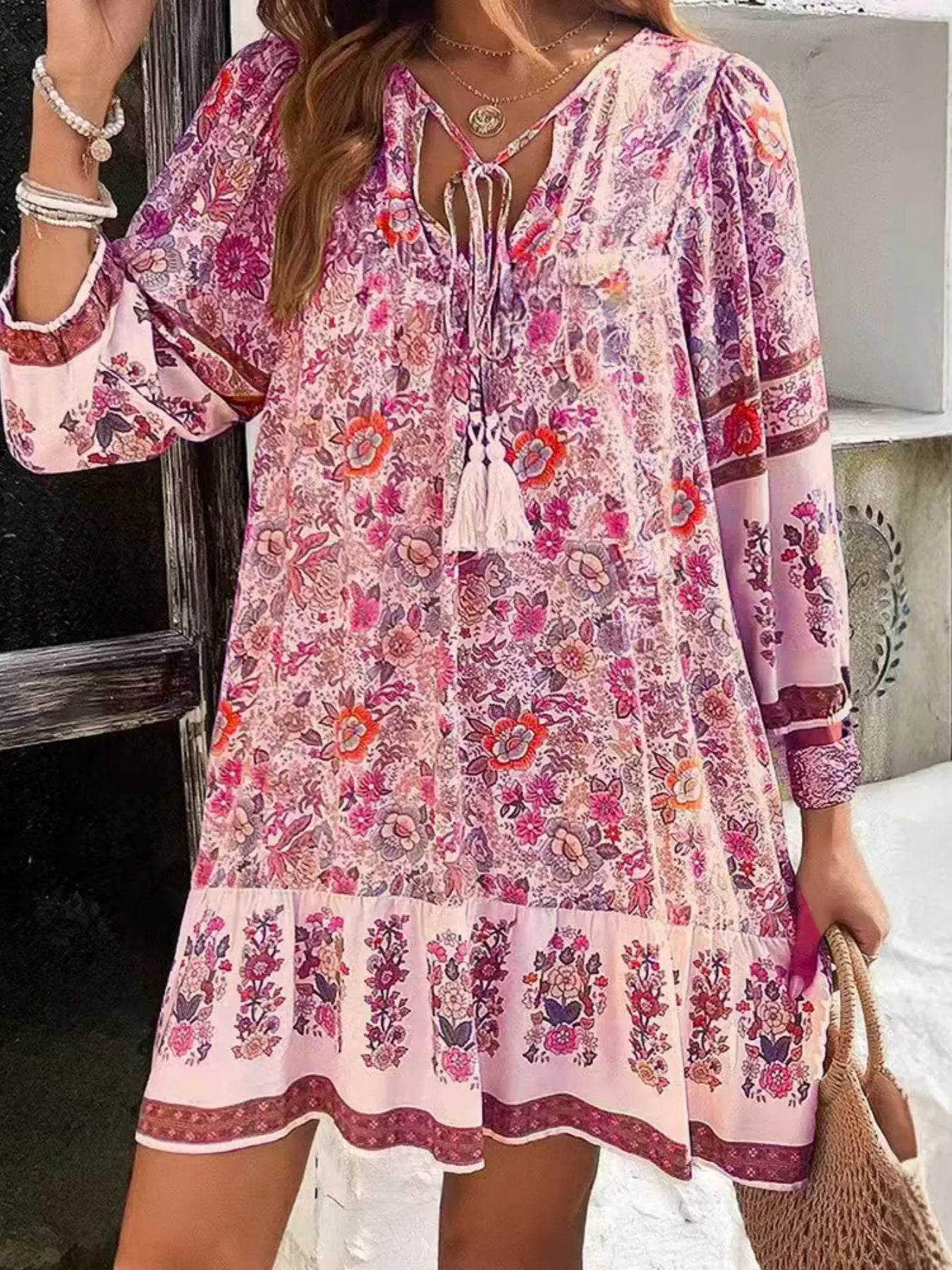 Floral Print Tassel Tie Neck Mini Dress