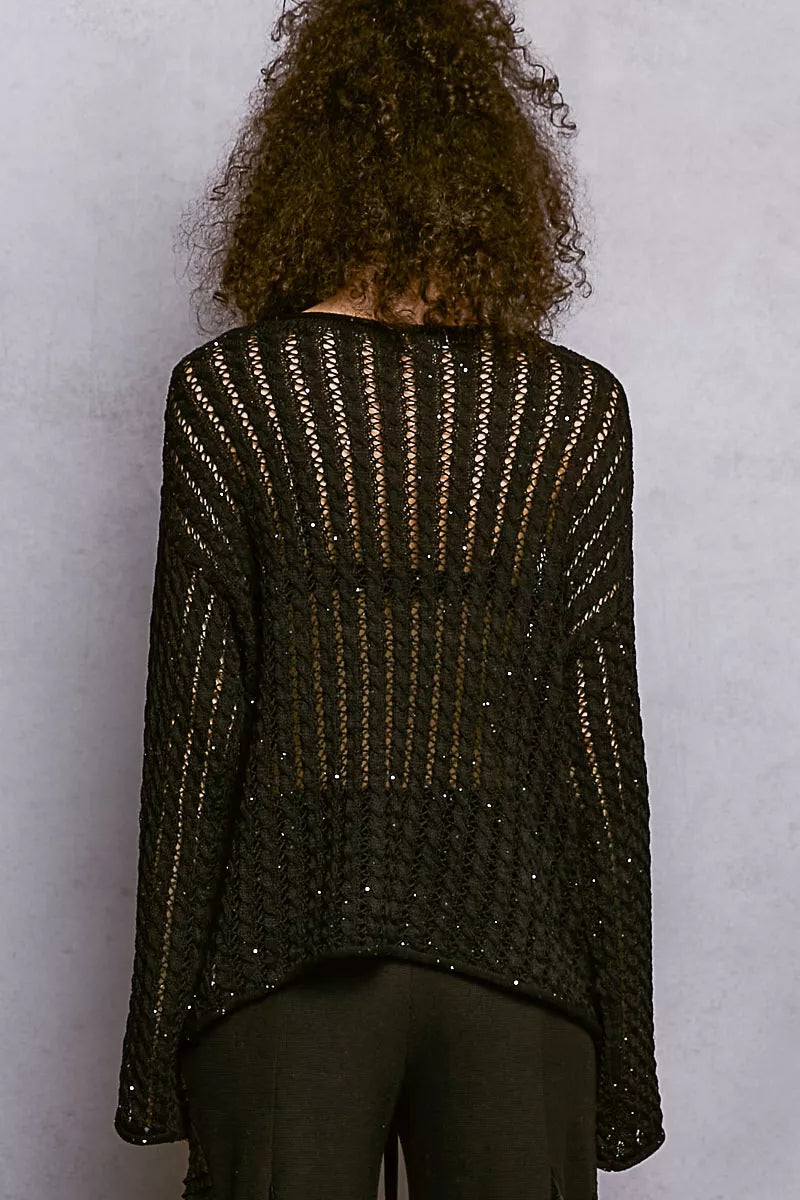 POL Openwork Round Neck Knit Top with Shiny Detail