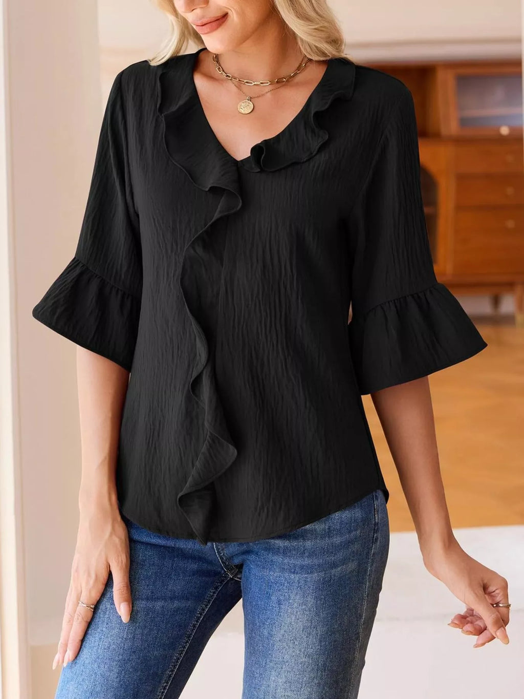 Ruffle Trim V-Neck Blouse