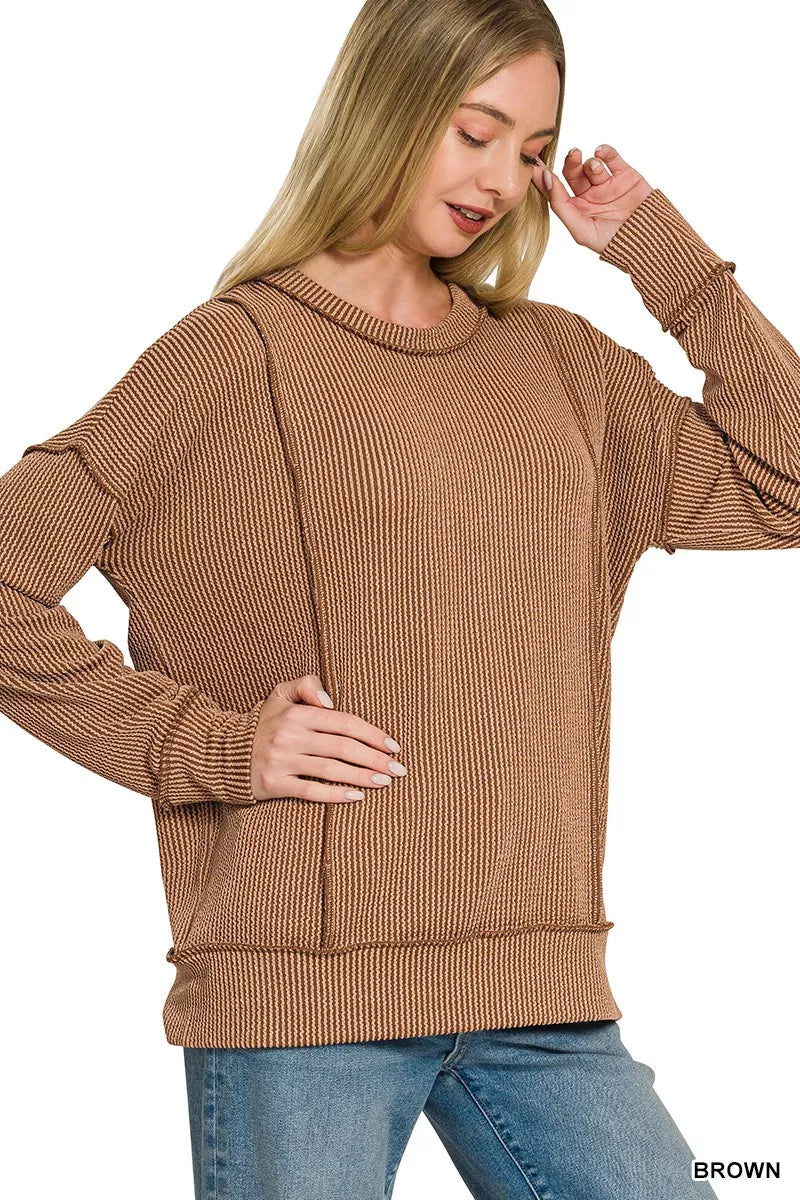 Zenana Corded Rib Long Sleeve Round Neck Top