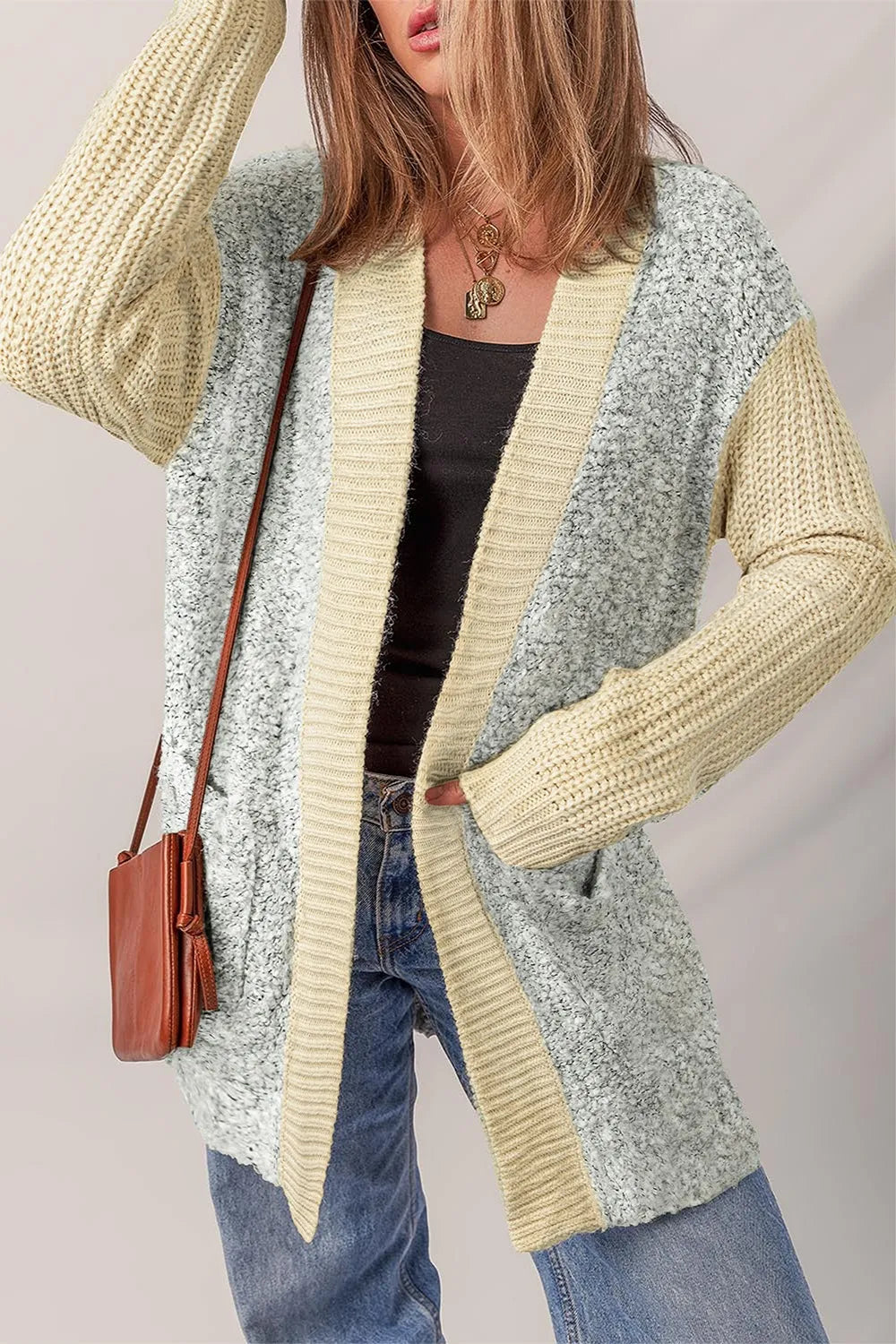 Color Block Side Pockets Open Front Cardigan