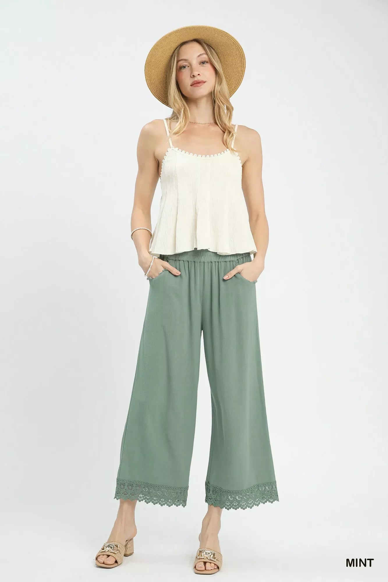 Umgee Linen Wide Leg Cropped Pants with Lace Trim