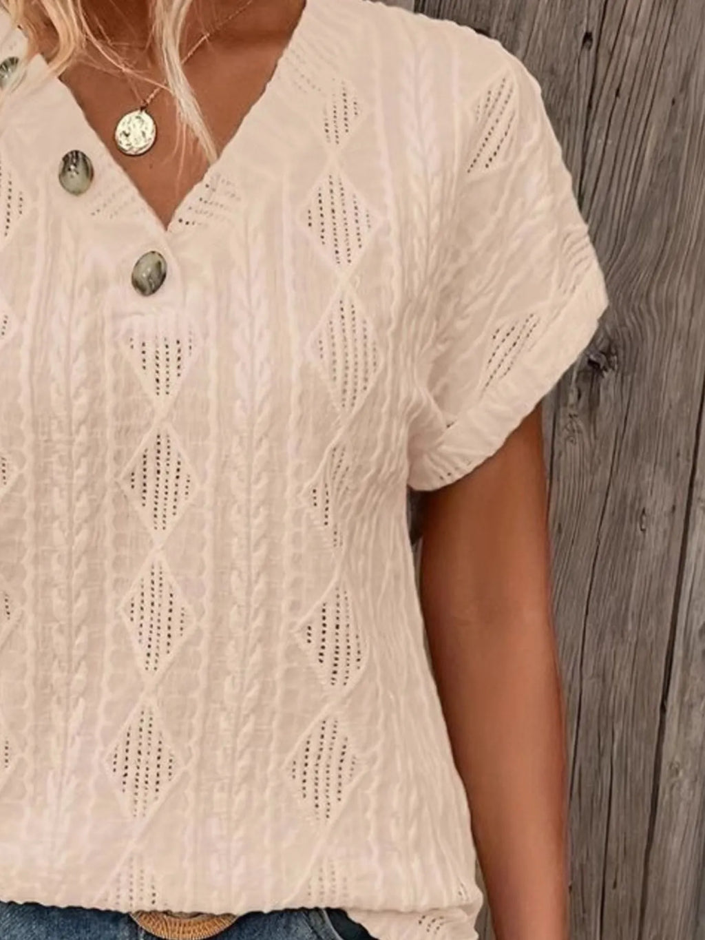 Textured V-Neck Short Sleeve Top