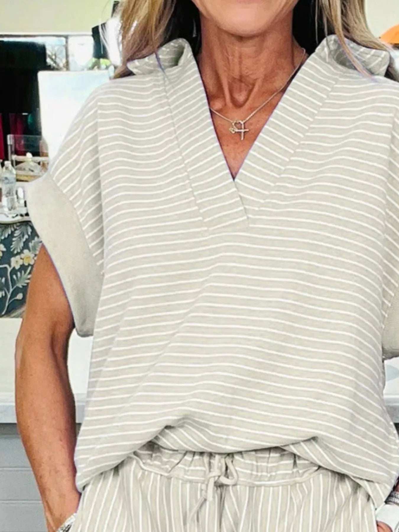 Stripe Dolman Sleeve Polo Shirt and Drawstring Shorts Set