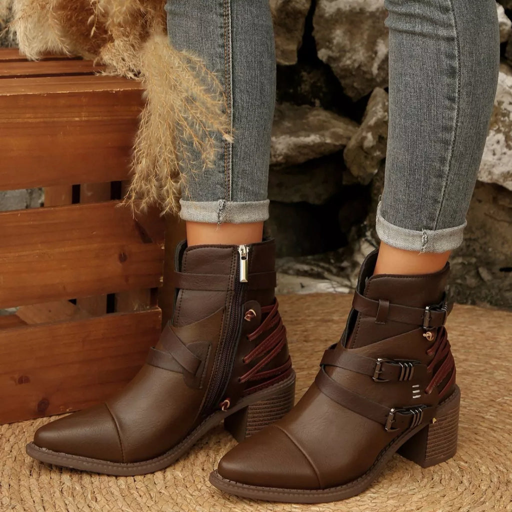 Point Toe Buckle Strap Ankle Boots with Block Heels
