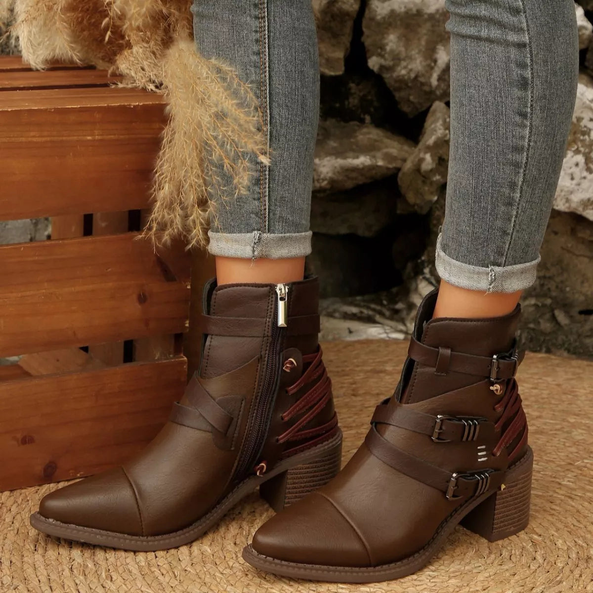 Point Toe Buckle Strap Ankle Boots with Block Heels