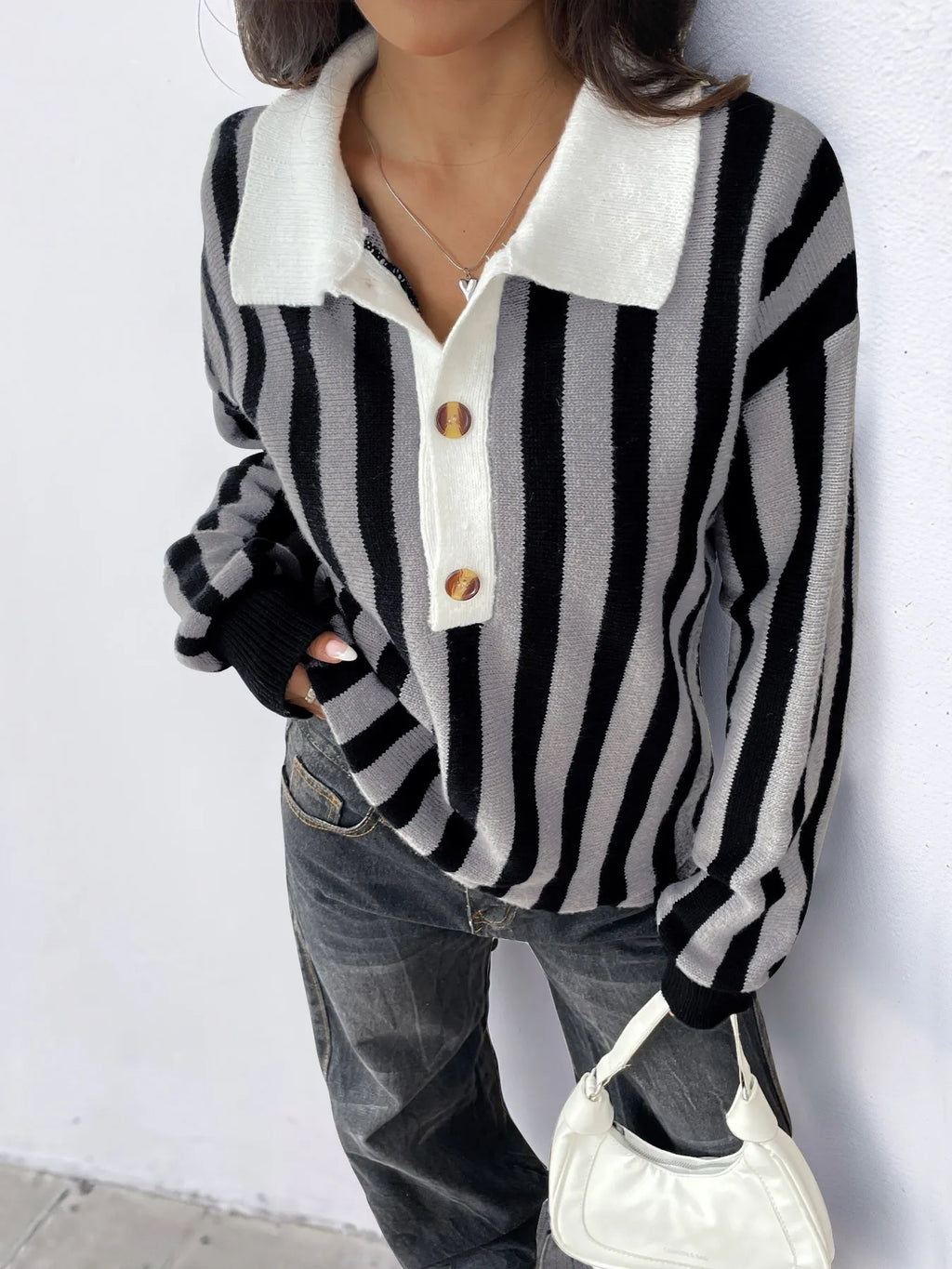Striped Button Front Long Sleeve Sweater