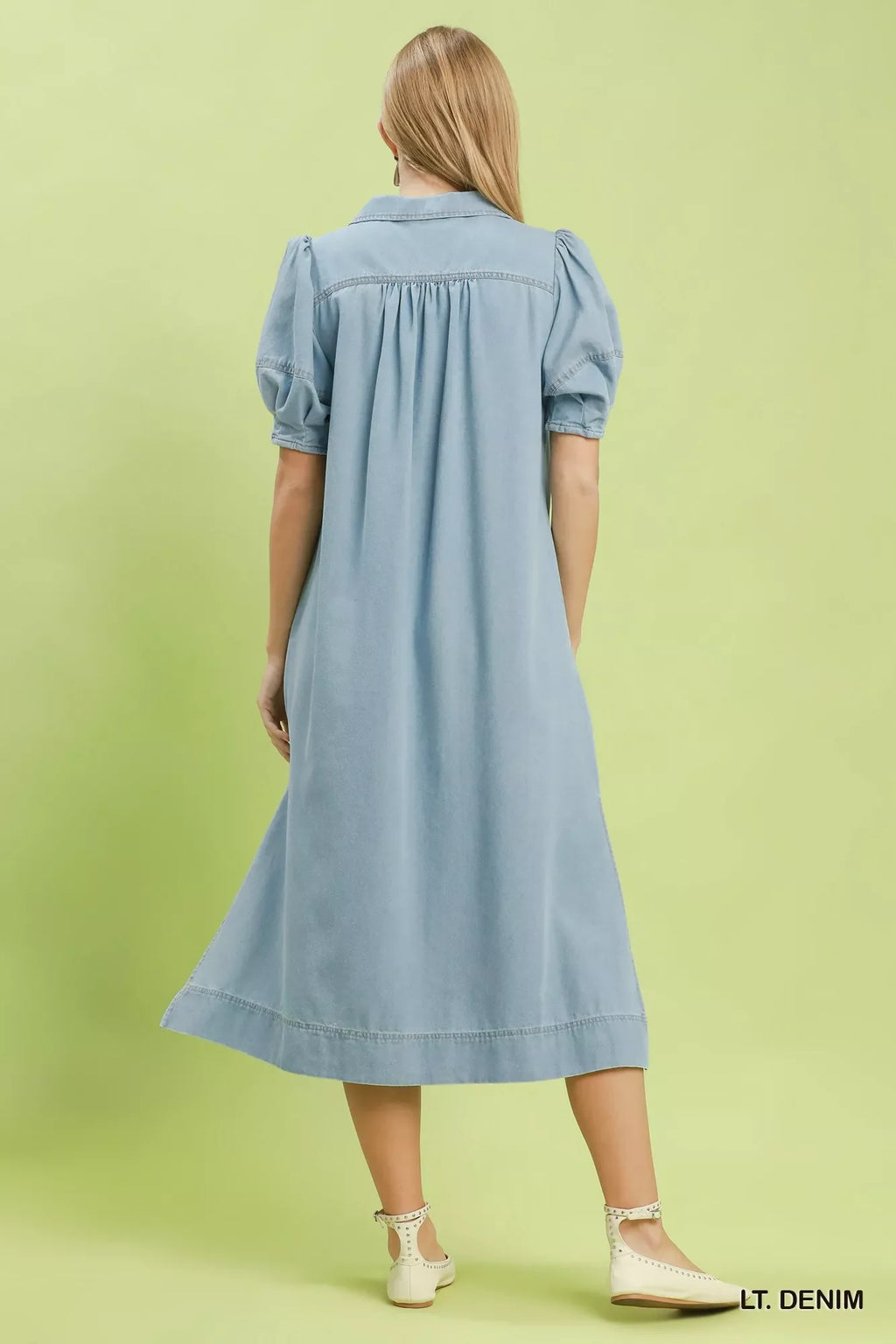 Umgee Chambray Collared Puff Sleeve Dress
