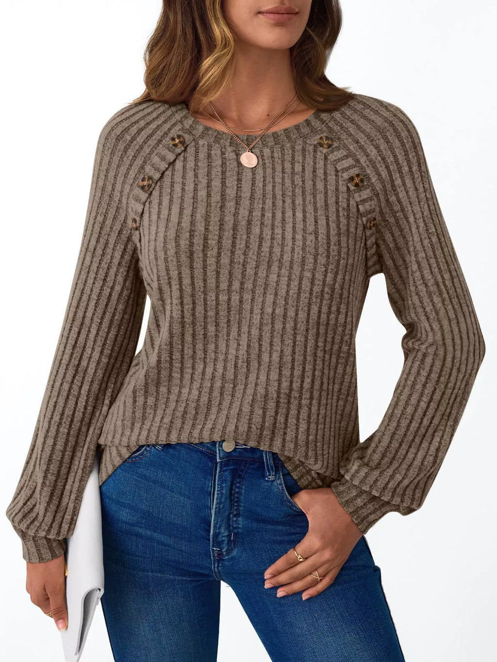 Ribbed Knit Decor Button Long Sleeve T-Shirt