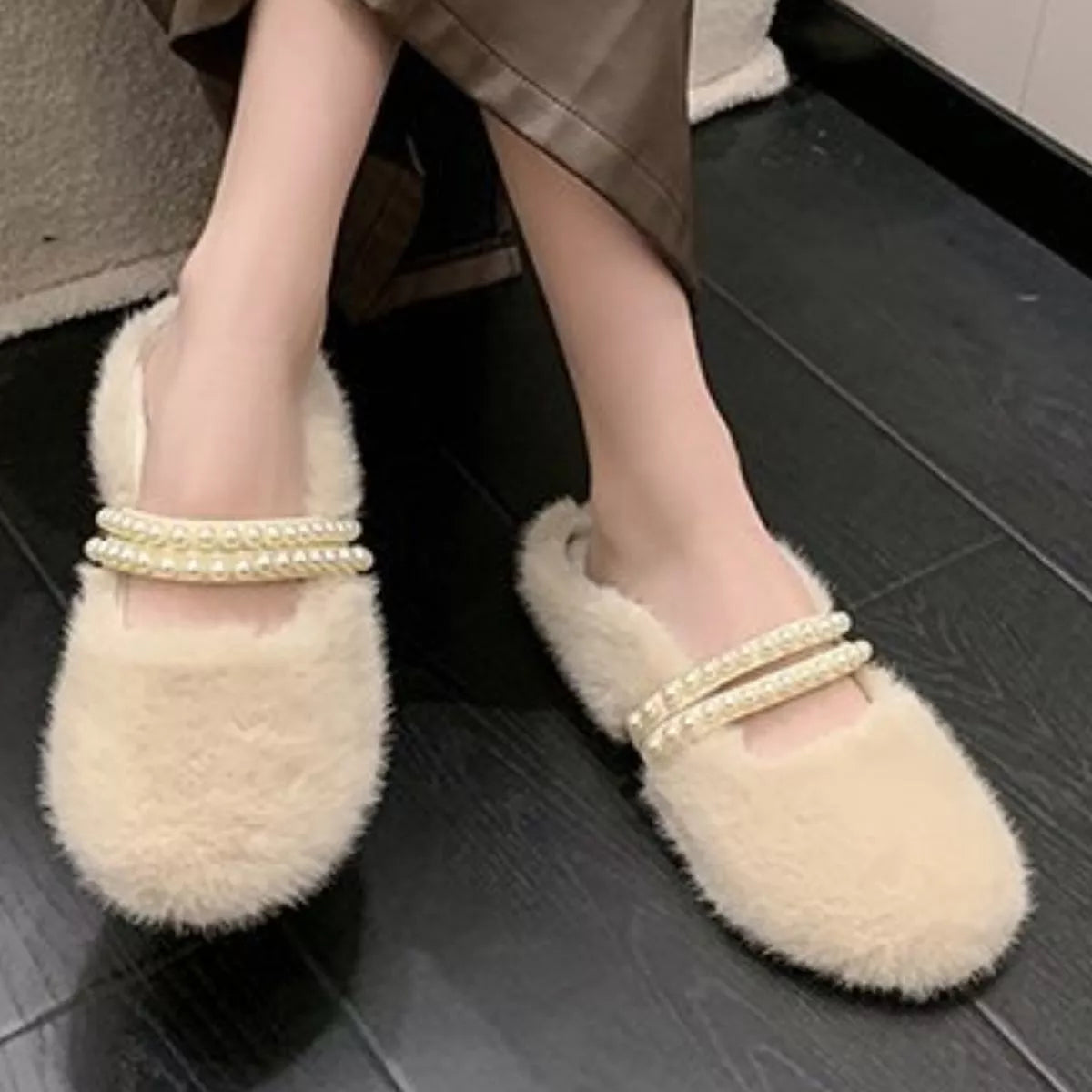 Pearl Embellished Plush Slippers