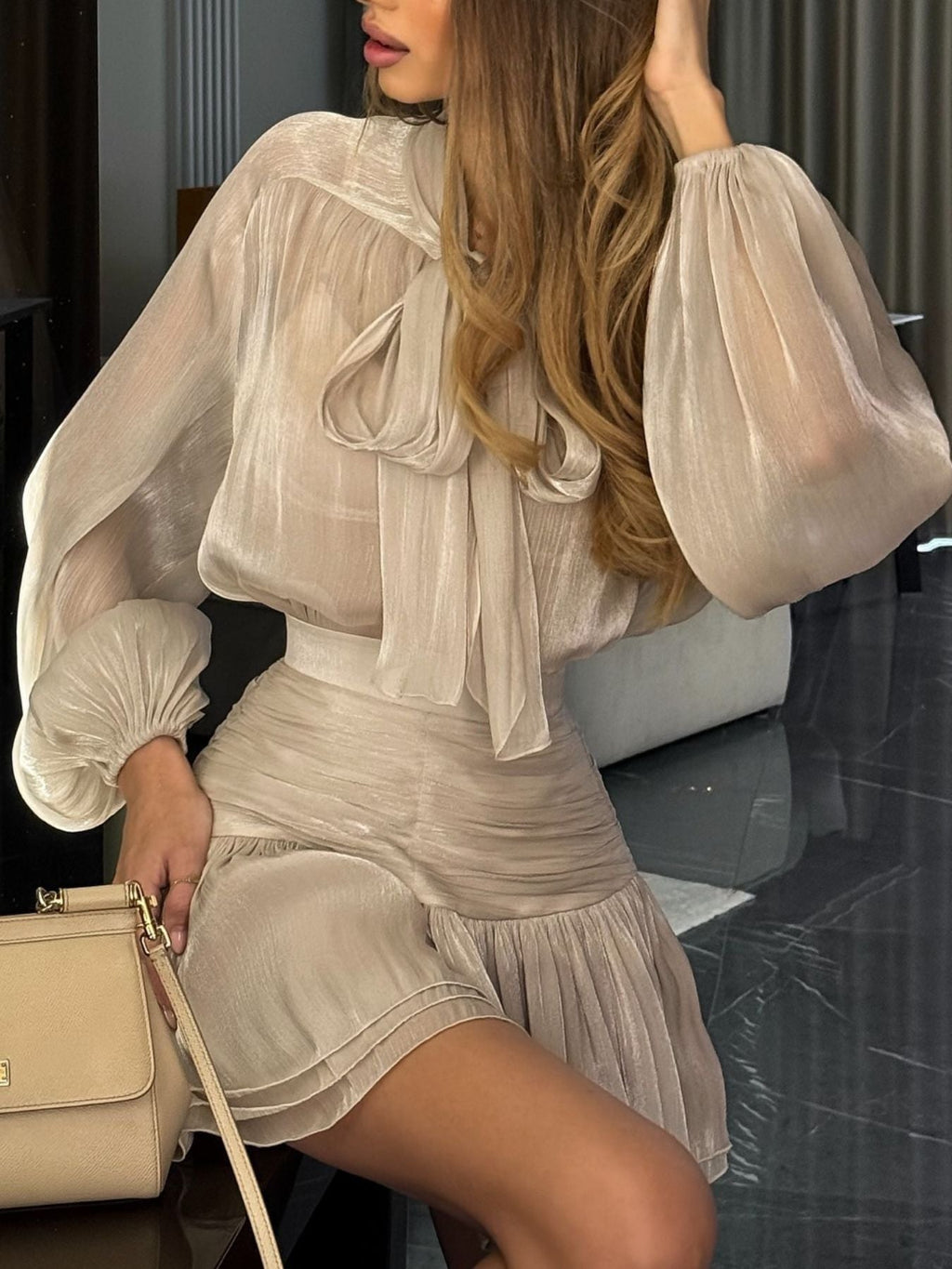 Bow-Tie Blouse and Ruched Mini Skirt Set