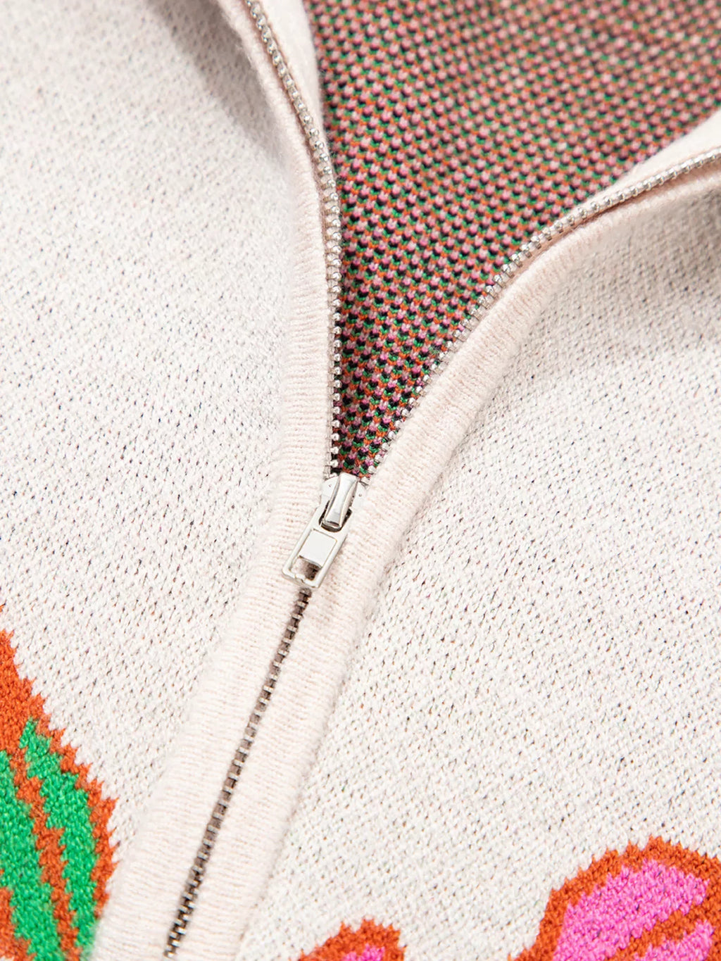 Floral Pattern Knit Quarter Zip Stand Neck Sweater