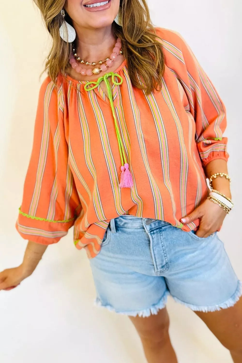 Stripe Tassel Tie Neck Bracelet Sleeve Cotton Blouse