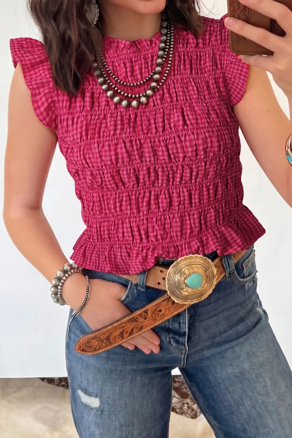 Smocked Gingham Ruffle Sleeve Tank