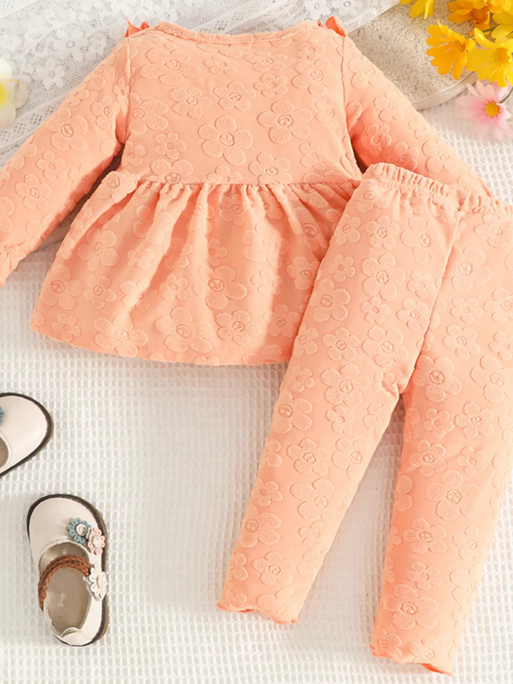Children's Floral Embossed Ruffle Trim Top and Pants Set