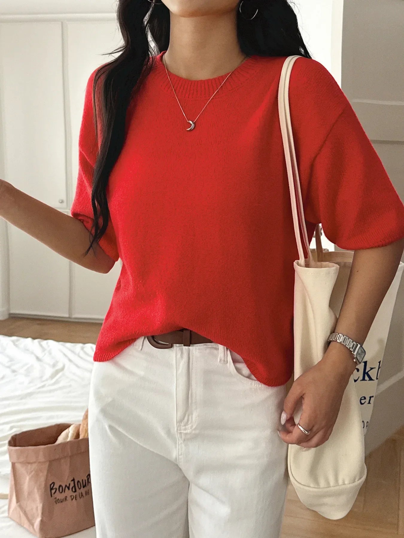 Ribbed Hem Round Neck Sweater