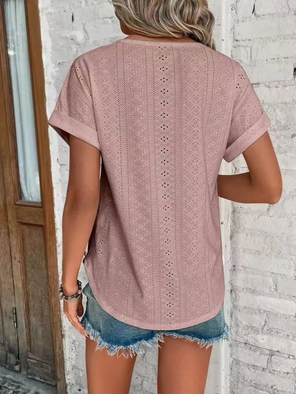 Eyelet Round Neck Short Sleeve Top