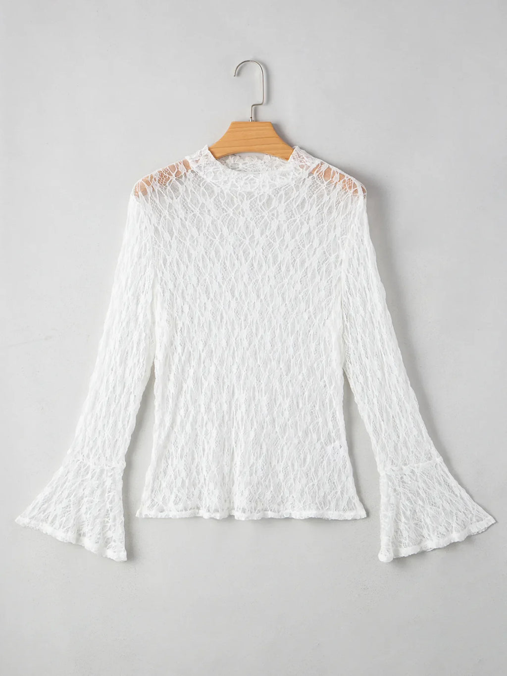 Sheer Lace Bell Sleeve Mock Neck Blouse