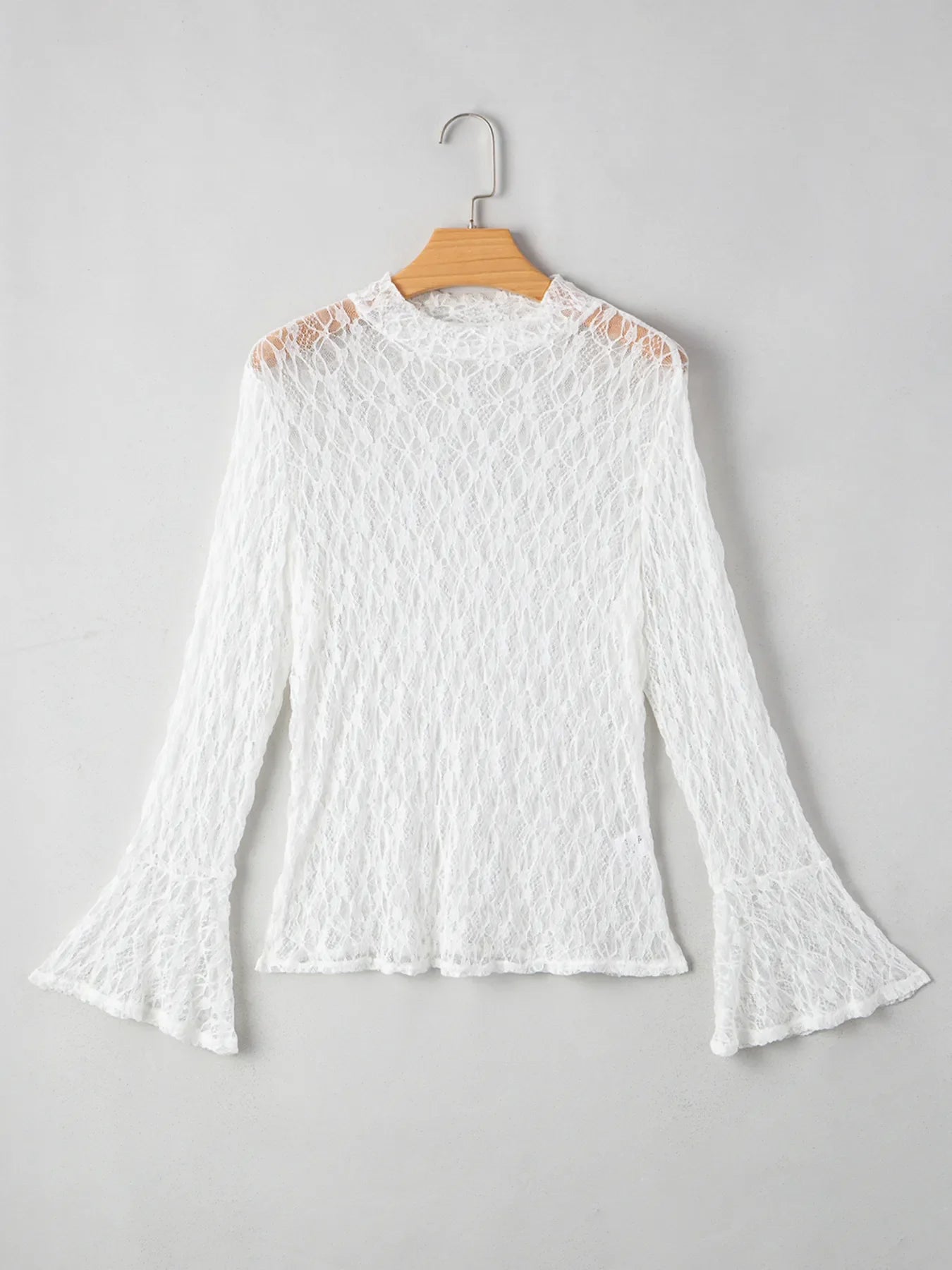Sheer Lace Bell Sleeve Mock Neck Blouse