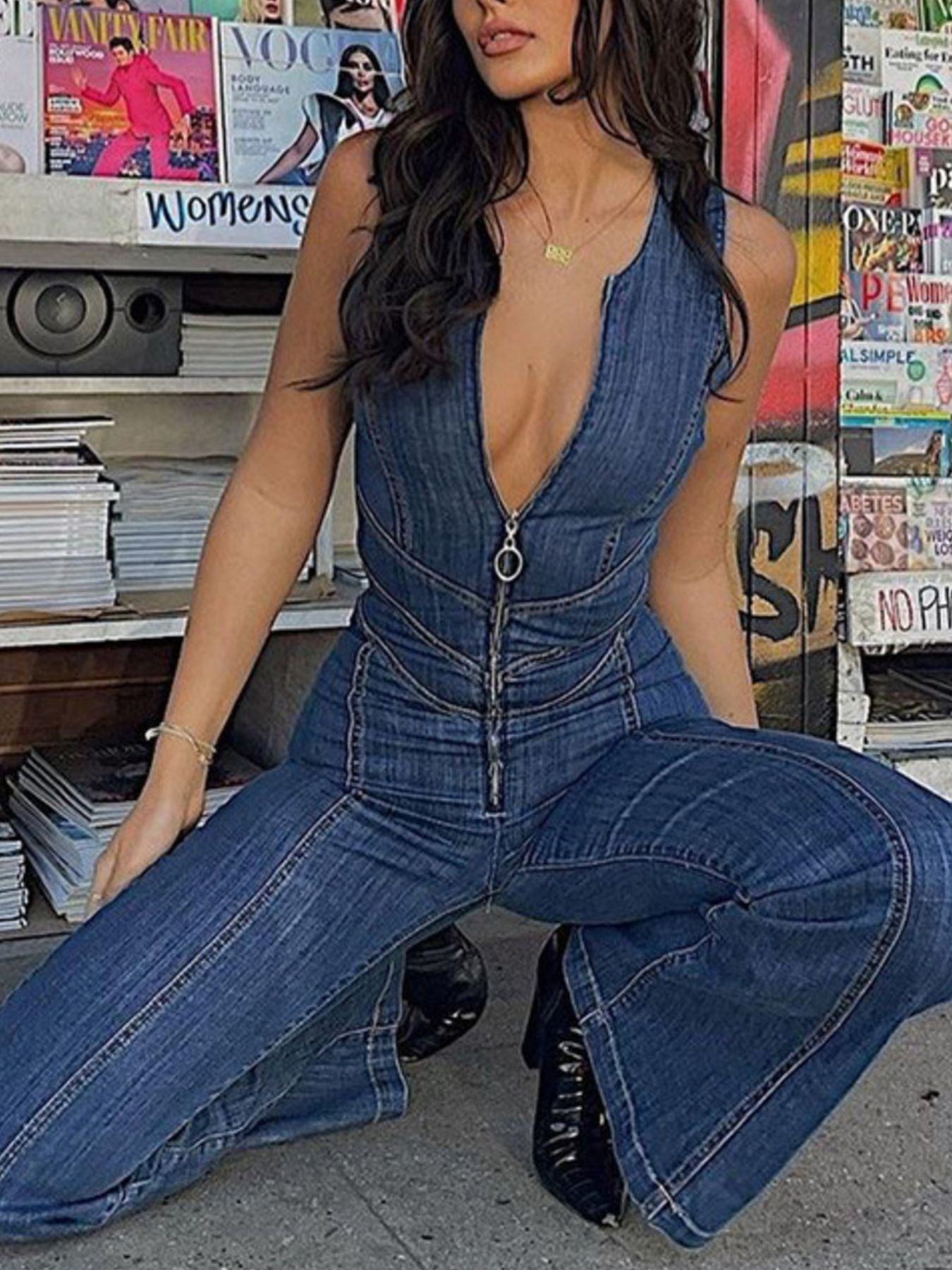 Zip Front Sleeveless Wide Leg Denim Jumpsuit