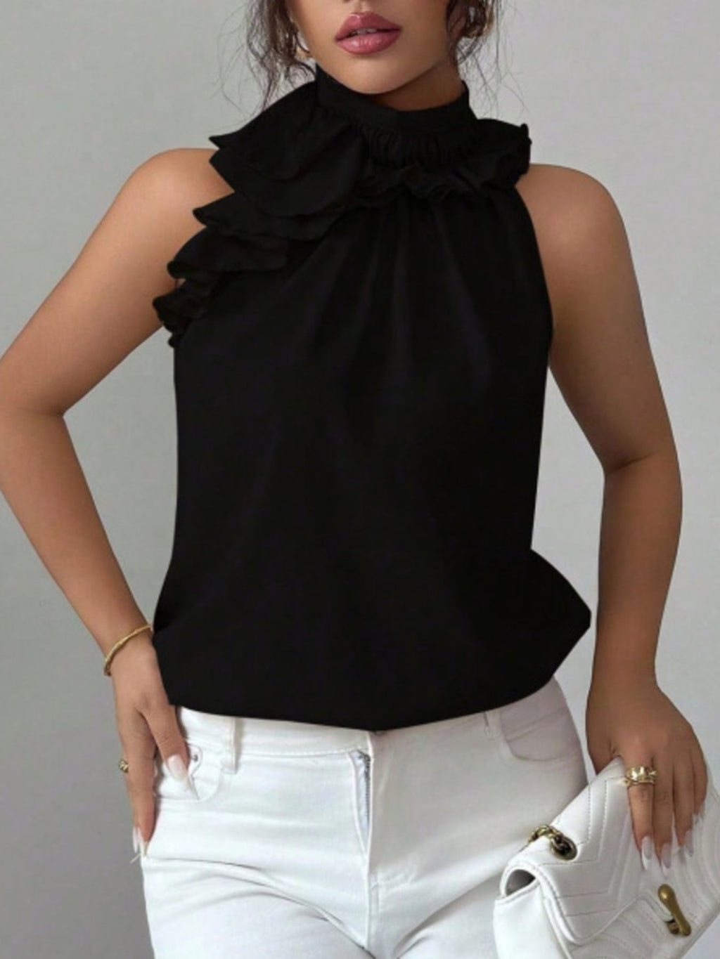 Ruffle High Neck Sleeveless Top