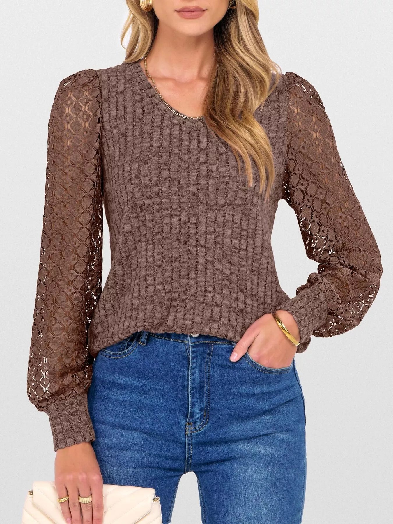 Lace Sleeve V-Neck T-Shirt