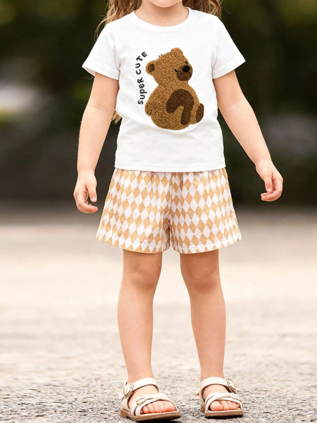 Children's Bear Graphic Tee & Diamond Pattern Shorts Set
