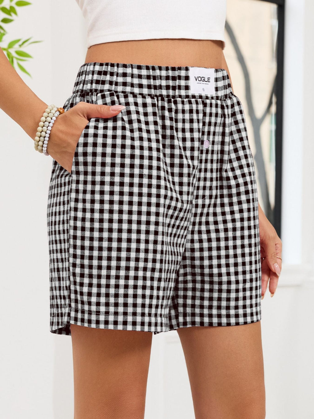 Gingham Elastic Waist Casual Shorts