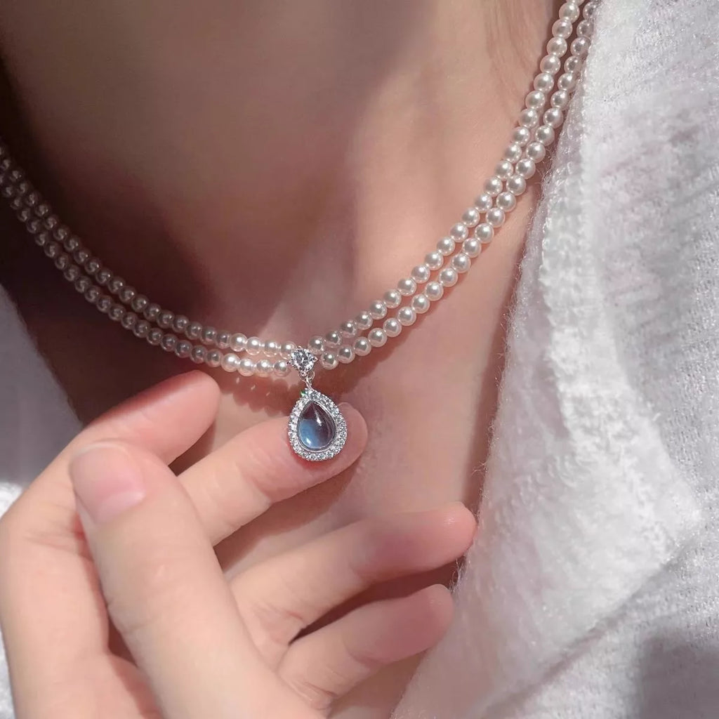 Double Layered Pearl Necklace with Teardrop Pendant