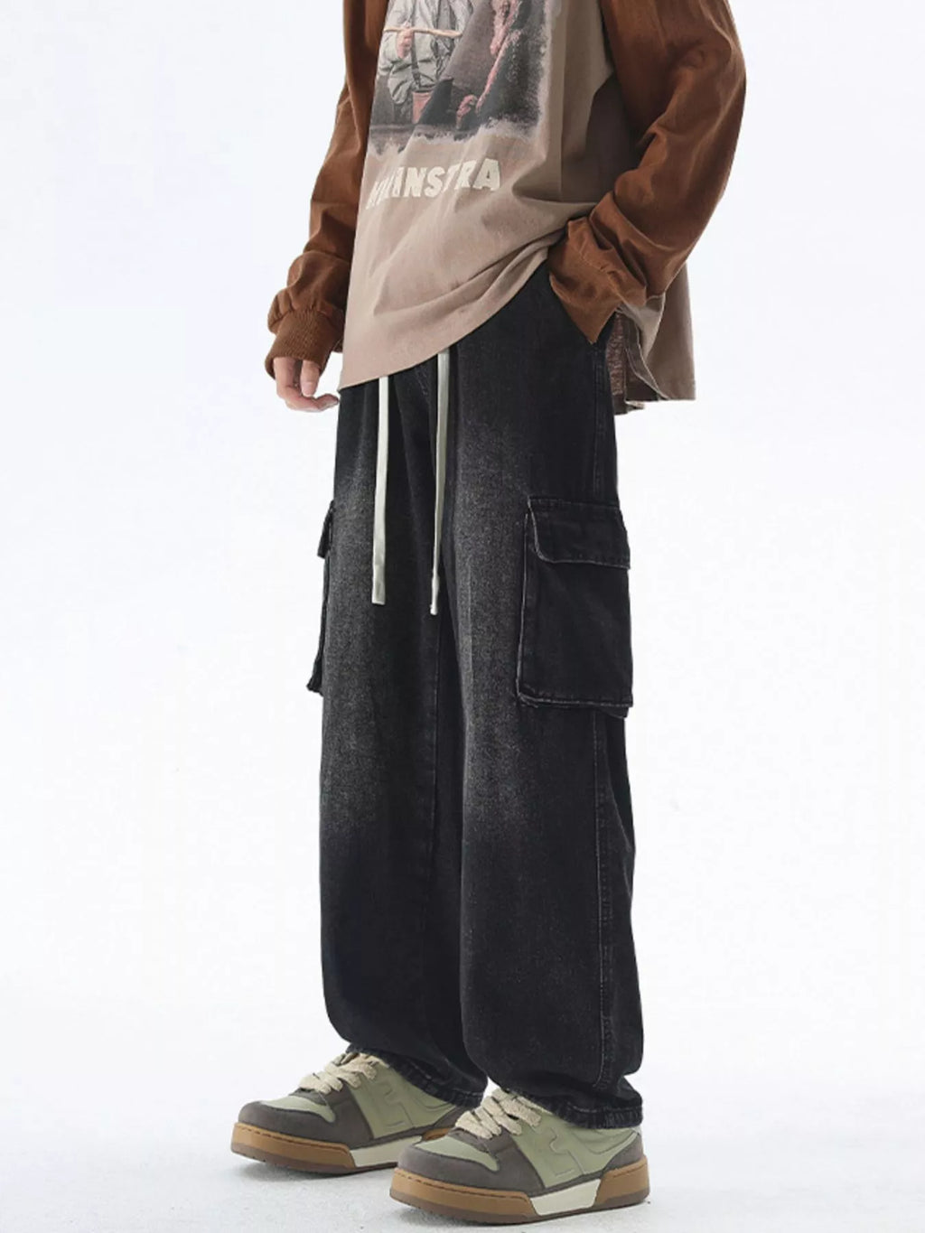 Men's Drawstring Wash Wide Leg Jeans