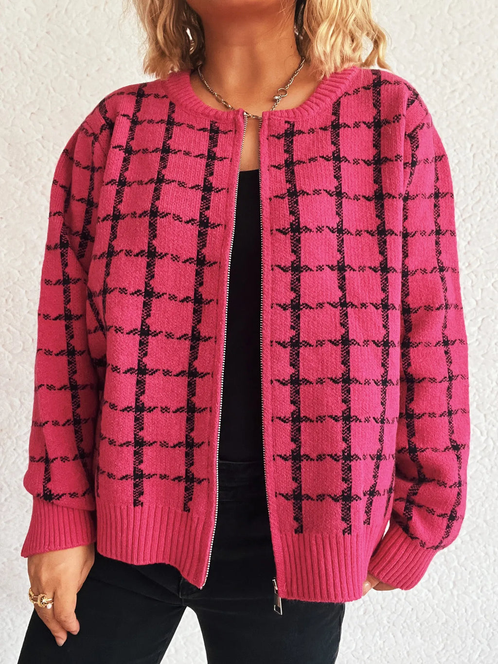 Plaid Pattern Zip Up Cardigan