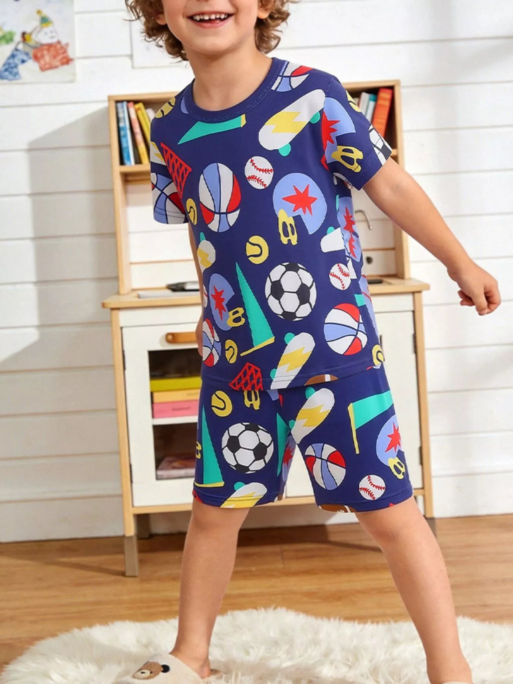 Children's Sporty Print Round Neck Tee and Shorts Set