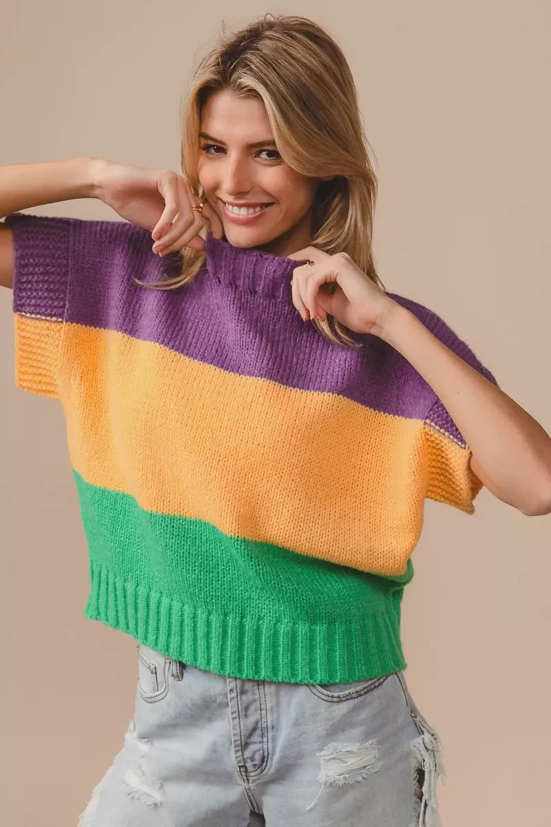 BiBi Mardi Gras Color Block Drop Shoulder Sweater Top