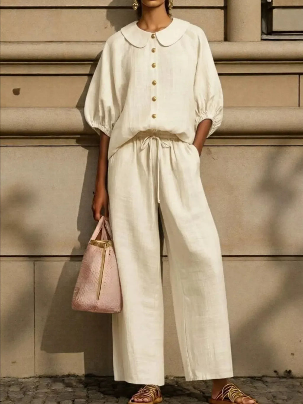 Full Size Button Down Half Sleeve Top and Pants Set Plus Size