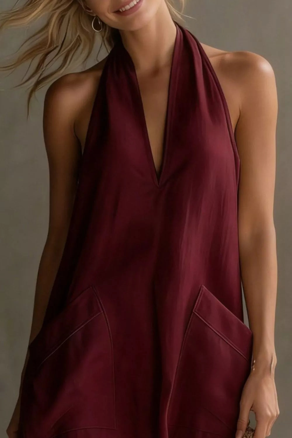 Casual Halter Neck Pocket Midi Dress