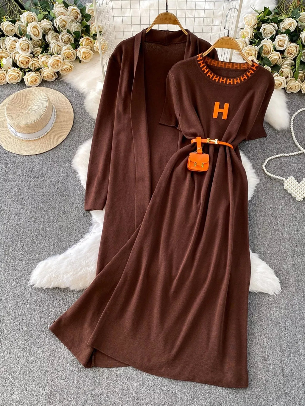 Round Neck Knitted Dress & Cardigan Set