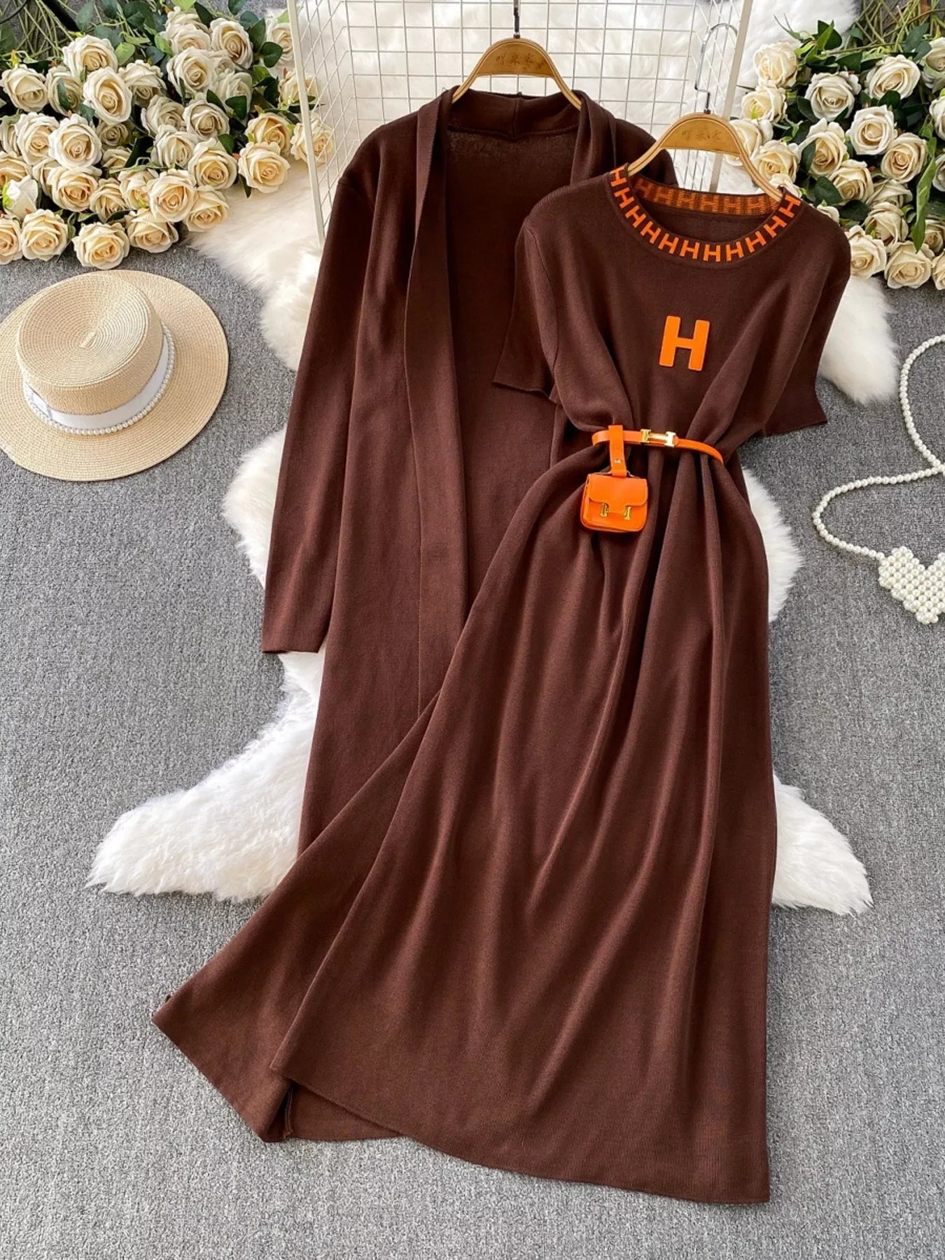 Round Neck Knitted Dress & Cardigan Set