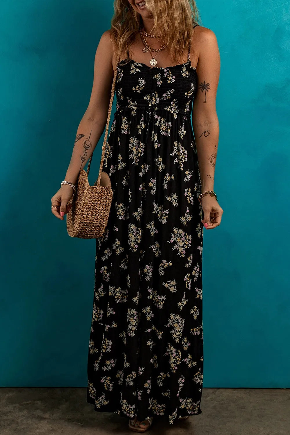 Floral Spaghetti Strap Shirred Bodice Tied Empire Waist Maxi Dress