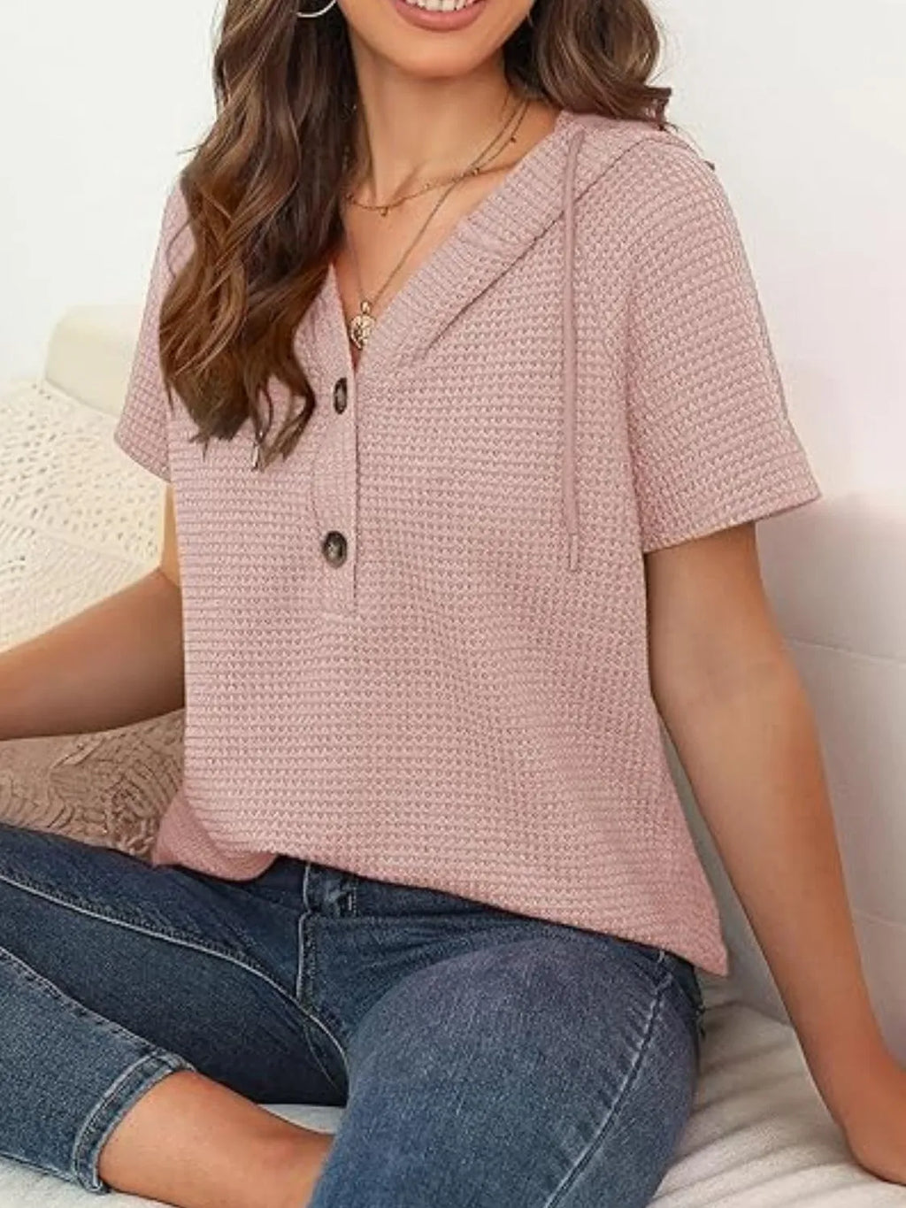 Drawstring Waffle-Knit Short Sleeve Hooded Top